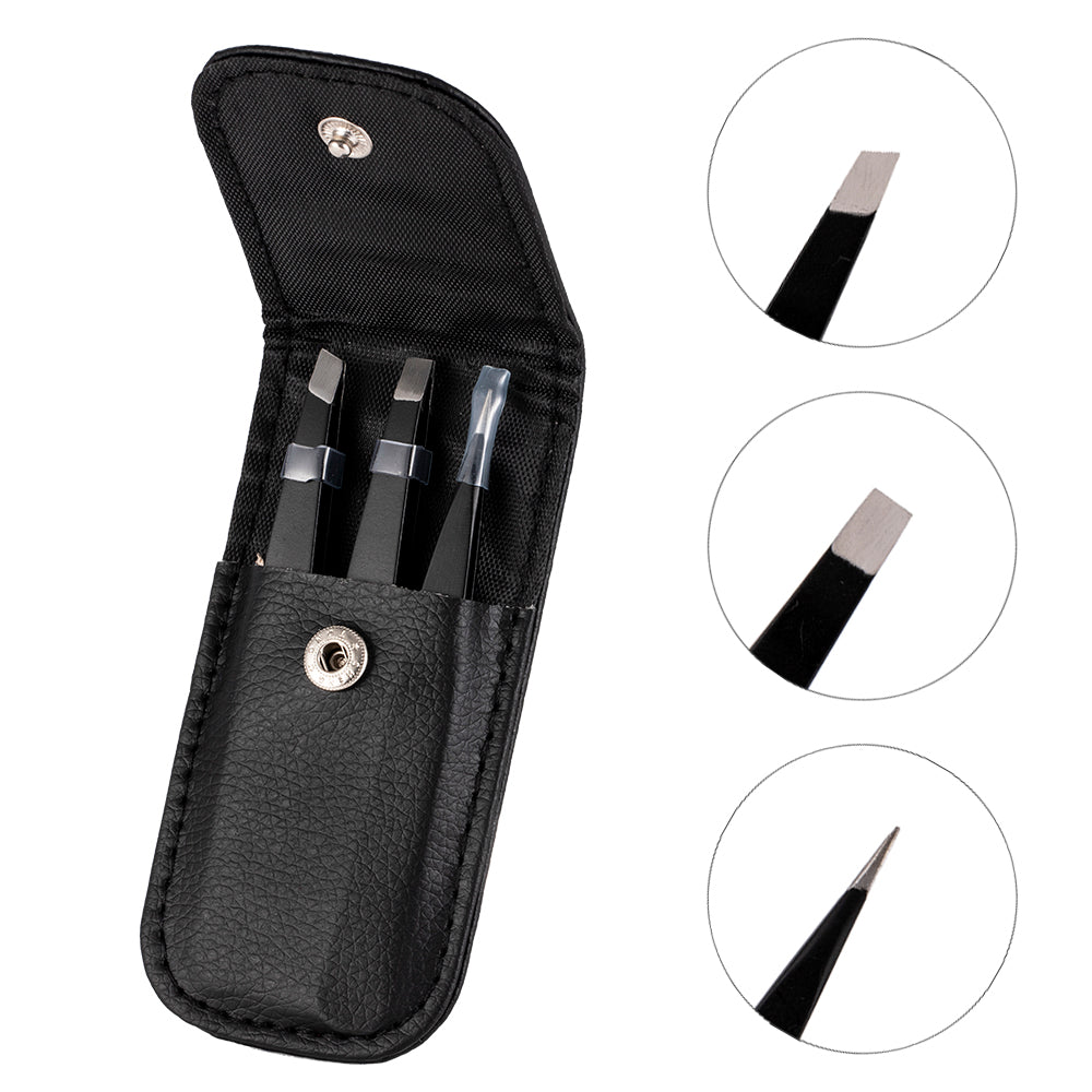 3 PCS/Set Eyebrow Tweezers Stainless Steel Hair Removal Makeup Tools Accessory with Black Bag Case