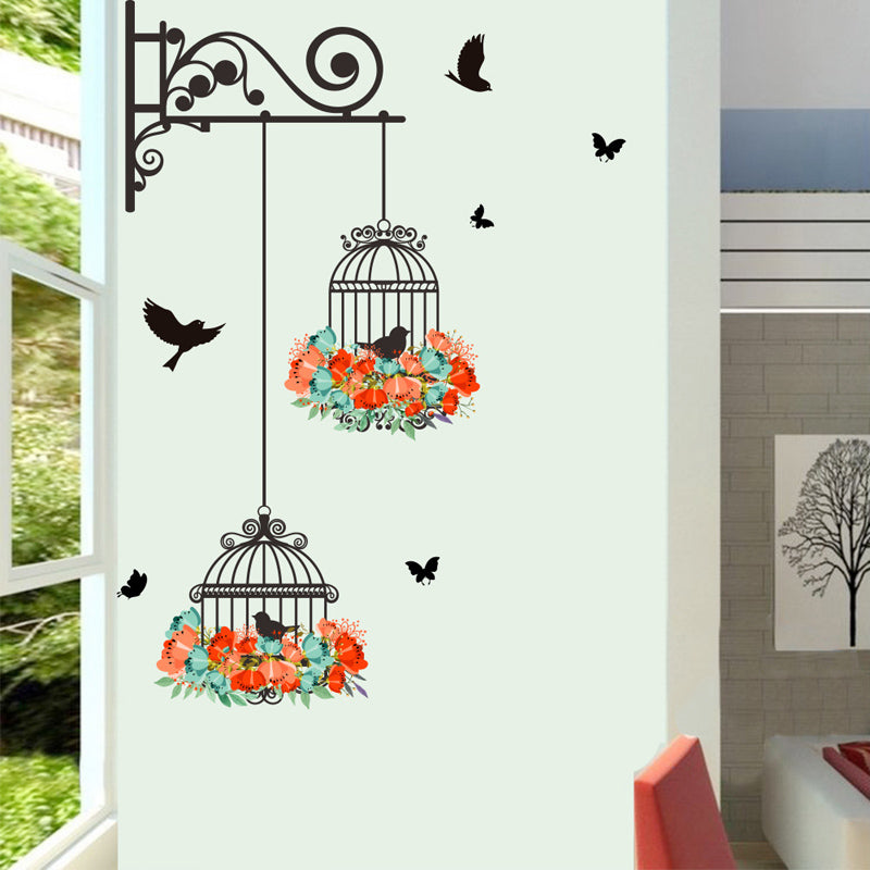 Colorful Flower birdcage flying birds wall sticker Creative home decor living room
