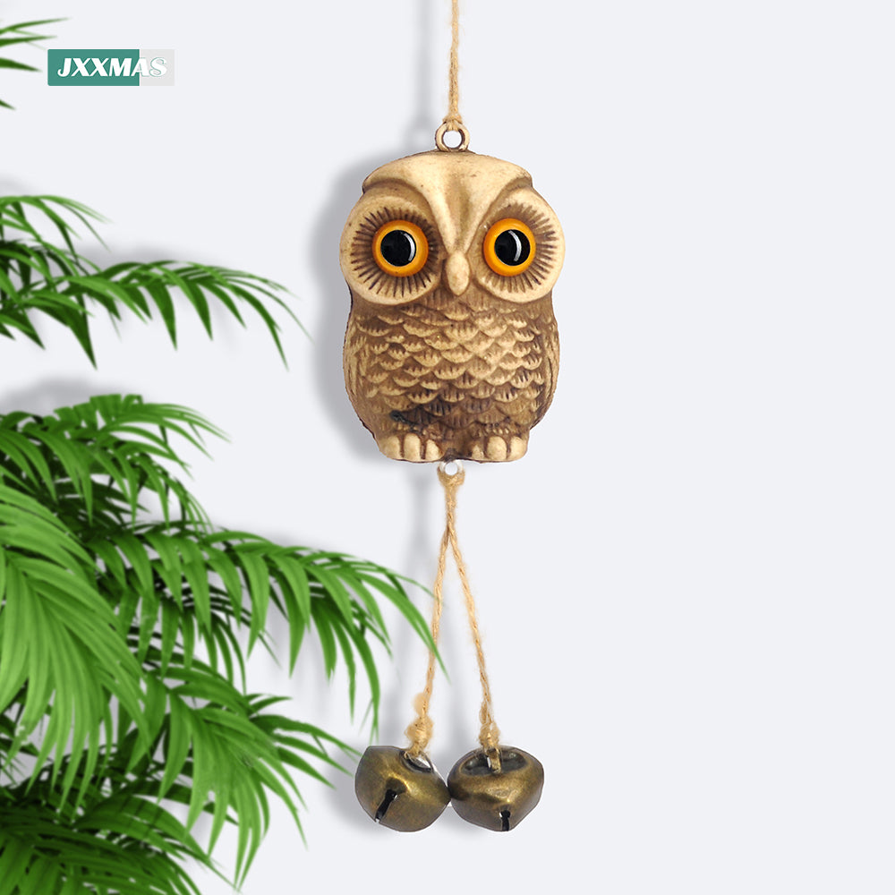 Garden Decor Owl Pendant Statue Scarecrow Fake Animals Bird Repellent Hanging Metal Bells Lawn