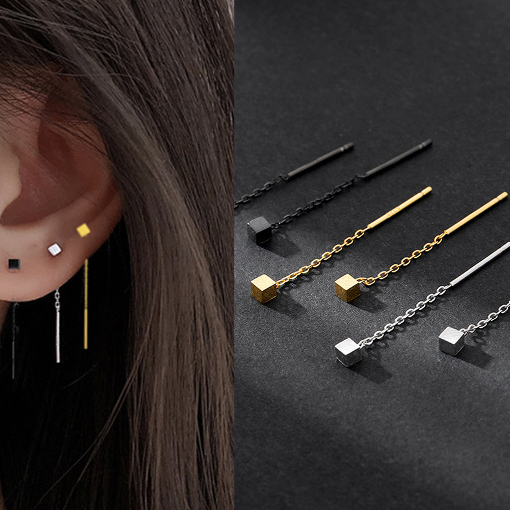 Minimalist  Long Tassel Drop Earrings For Women Black Gold Color Geometric Square Hanging Ear Line Girl