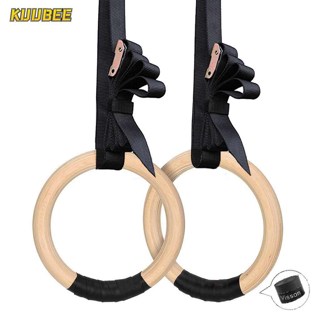 Sports Wood Gymnastic Rings with Adjustable Buckle Straps Anti-slip belt for Strength Training