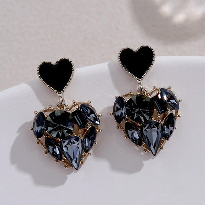 Vintage Women’s Heart Shape Cute Drop Earrings 2022 Fashion Black Crystal Love Heart Earrings